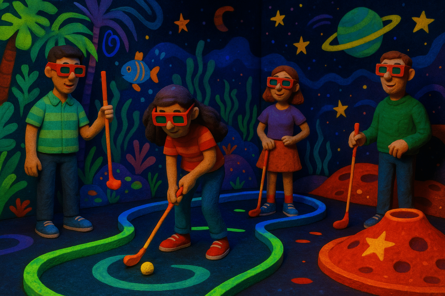 4D Schwarzlicht Minigolf Kiel mit leuchtenden Themenwelten und immersiven Lichteffekten für ein unvergessliches Freizeiterlebnis