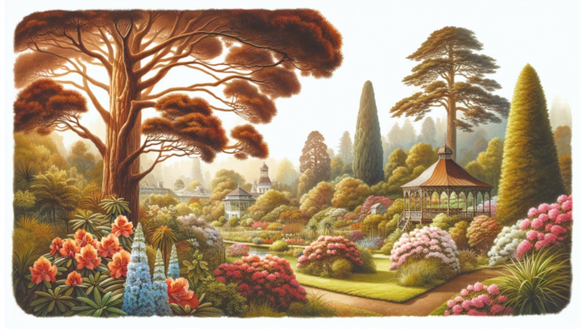 Aquarellansicht des Alten Botanischen Gartens Kiel mit Mammutbaum, Rhododendronblüten und Aussichtspavillon, die die botanische Vielfalt und historische Bedeutung des Gartens hervorheben.