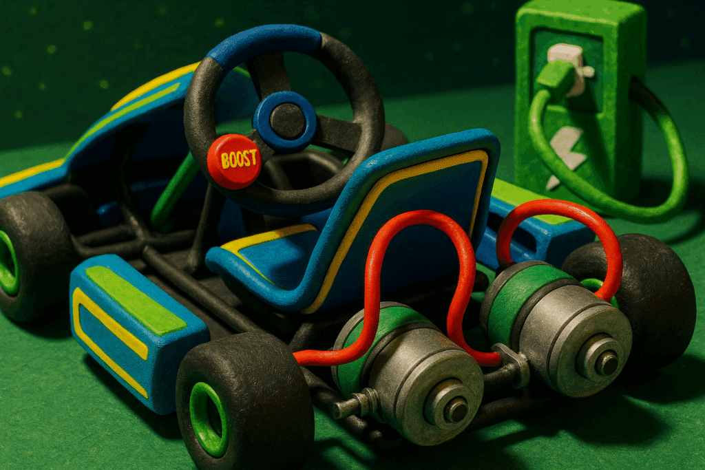 Detailaufnahme eines E-Karts in Kiel mit Boost-Button am Lenkrad und Ladeanschluss für grünen Strom