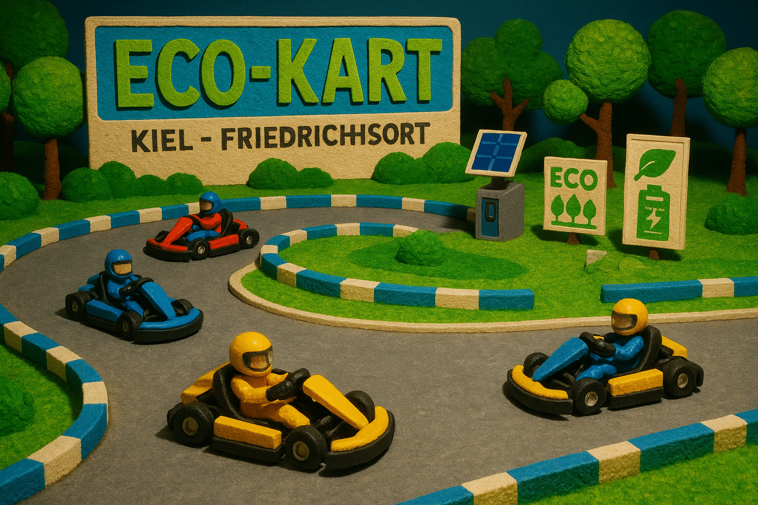 Nachhaltige Kartbahn in Kiel-Friedrichsort mit emissionsfreien Elektro-Karts in grüner Umgebung