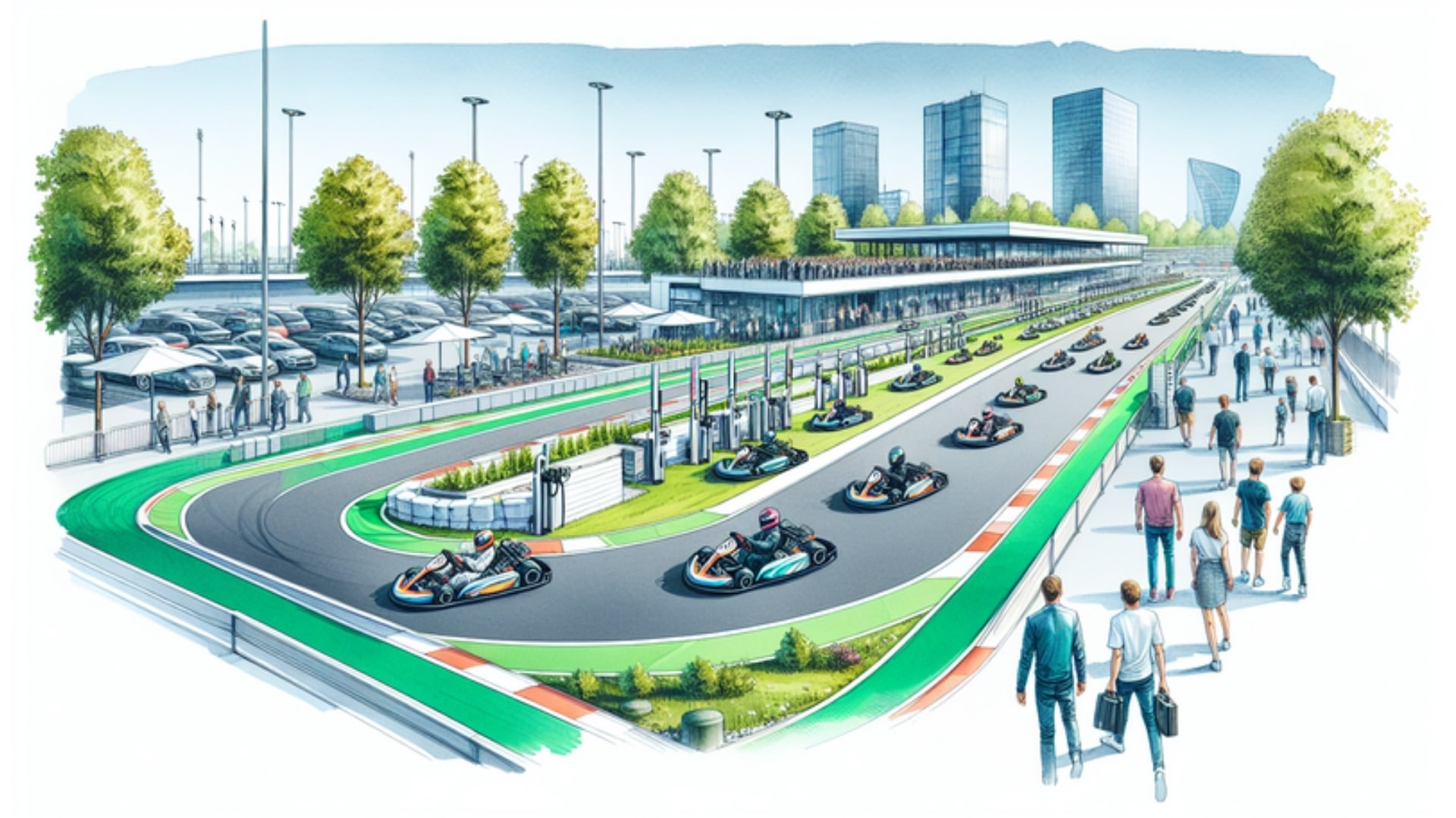 Moderne ECO-Kartbahn in Kiel mit Elektro-Karts auf grüner Strecke, umgeben von Zuschauern und Ladestationen.