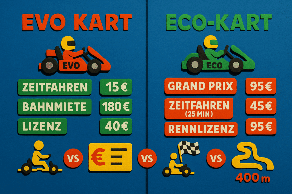 Infografik zum Preis- und Konzeptvergleich zwischen EVO Kart Kiel und ECO-KART mit Lizenz- und Rennoptionen