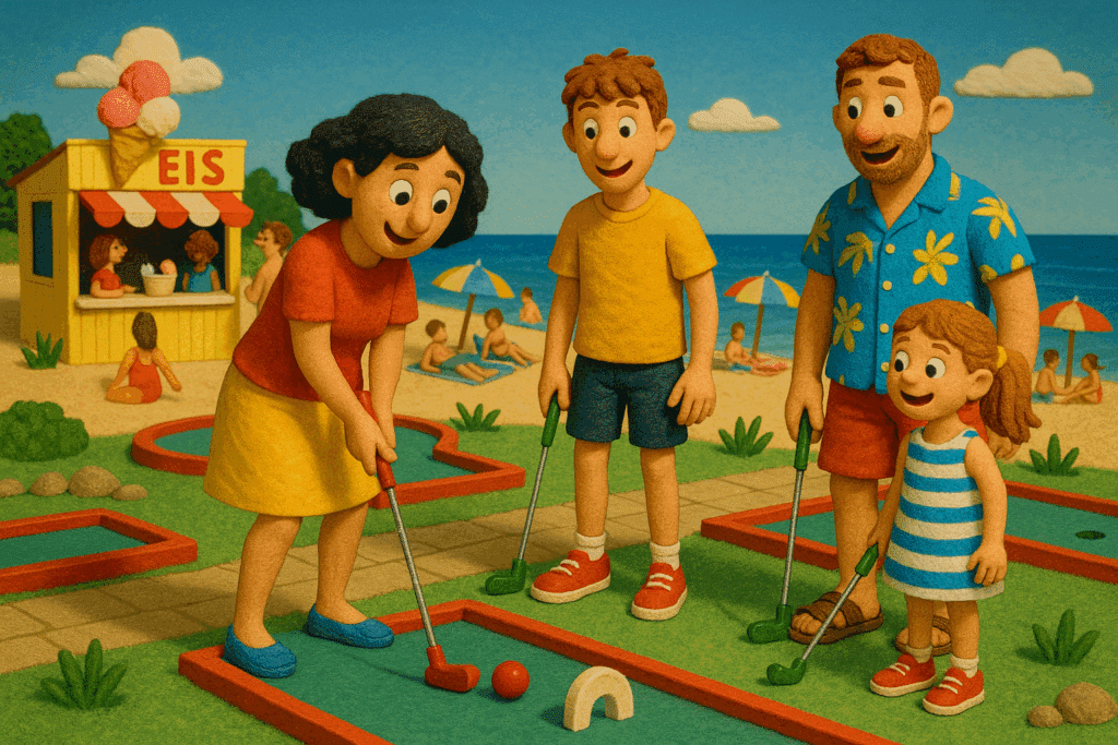 Familie beim Minigolfspielen am Falckensteiner Strand in Kiel mit Meerblick und sommerlicher Stimmung