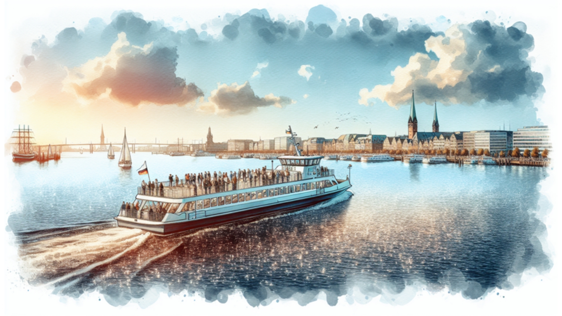 Moderne, hybrid-elektrische Fähre gleitet über die Kieler Förde mit Blick auf die Skyline von Kiel.