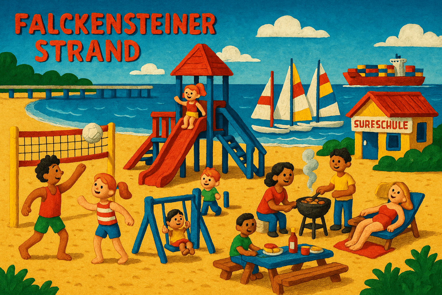 Panorama vom Falckensteiner Strand in Kiel mit Beachvolleyball, Spielplatz, Surfschule und Blick auf den Nord-Ostsee-Kanal