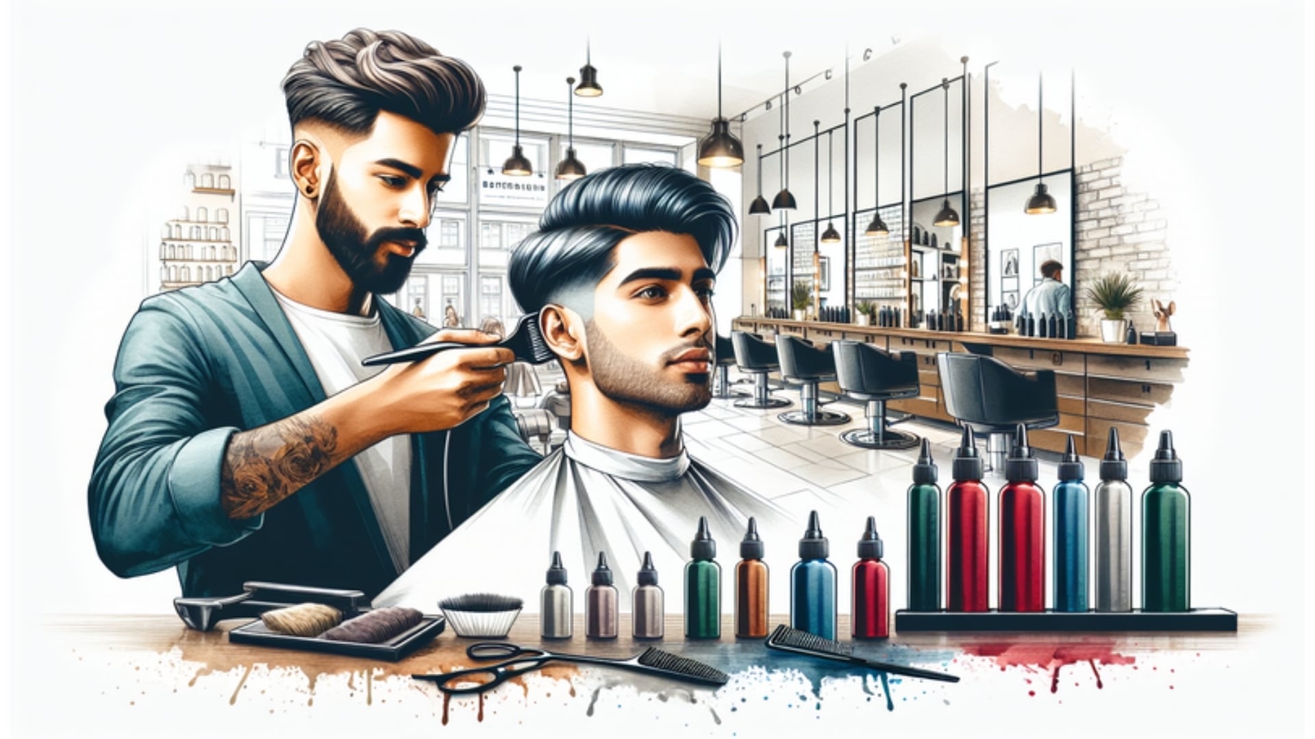 Stilvoller Friseursalon in Kiel mit Friseur, der an einer eleganten Hochsteckfrisur arbeitet, umgeben von modernem Interieur und Haarfärbeprodukten.