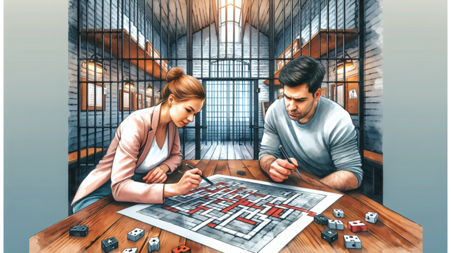 Szene im Gefängnis-Stil des "Prison Break" Escape Rooms in Kiel, zwei Personen lösen Rätsel, spannend und geheimnisvoll.