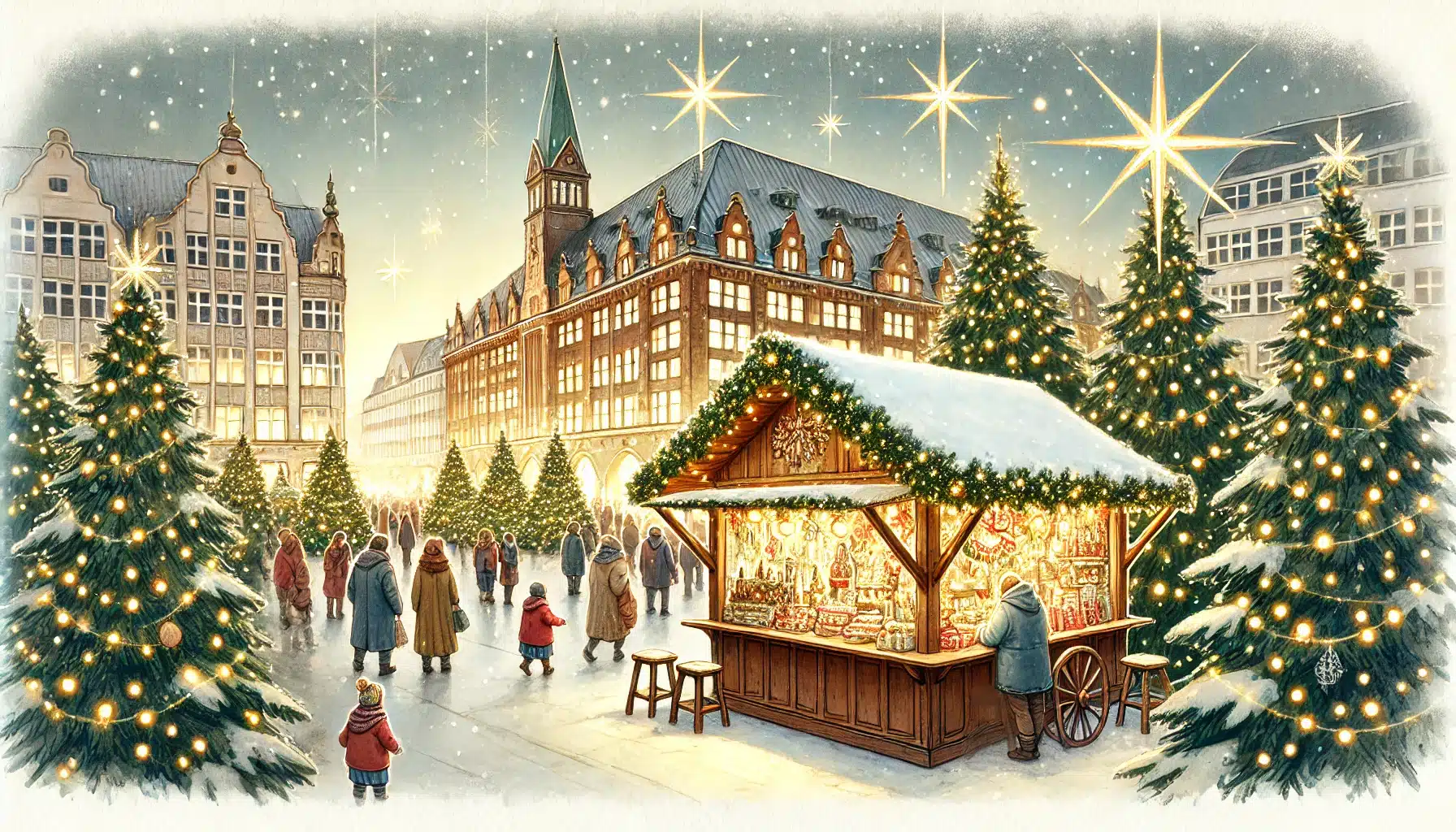 Der Kieler Weihnachtsmarkt am Holstenplatz mit Winterwald und handgefertigtem Kunsthandwerk in festlicher Atmosphäre.