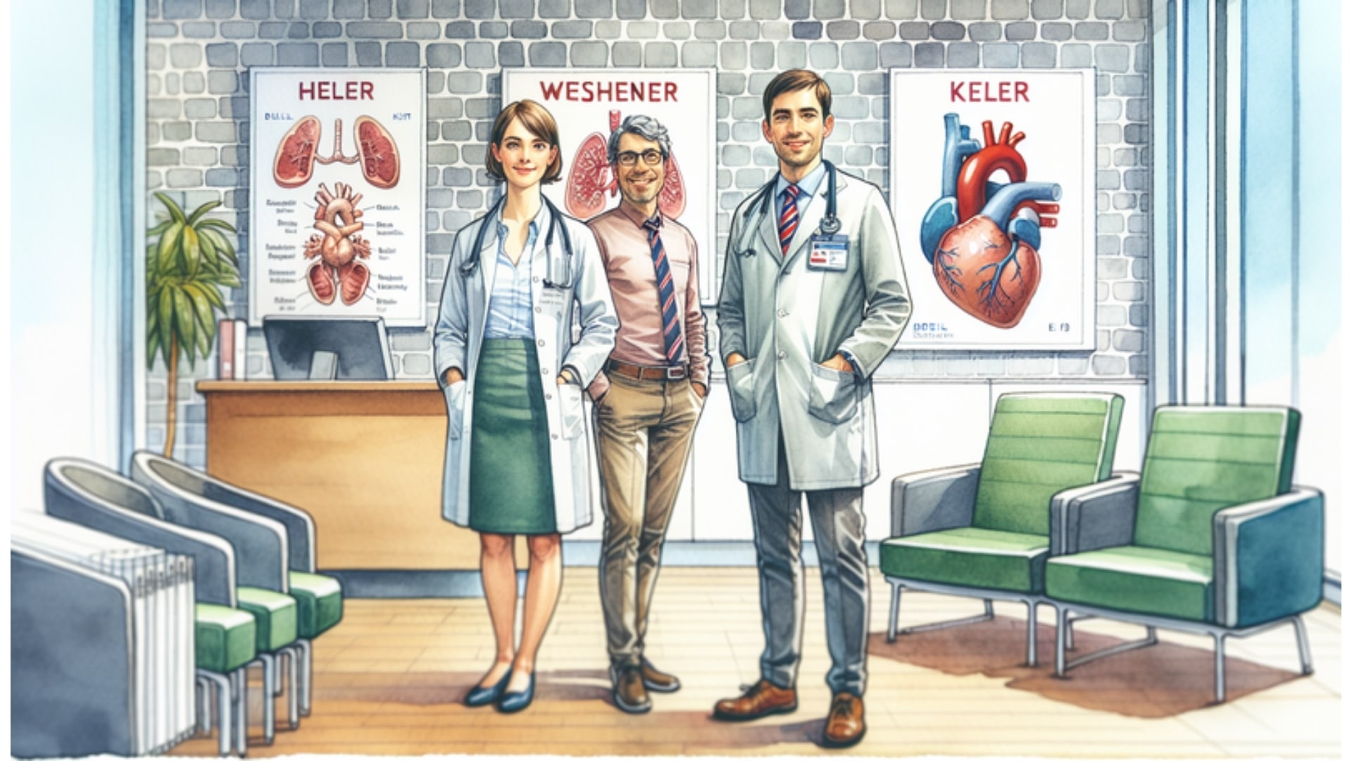 Illustration eines Arztpraxis-Wartezimmers in Kiel mit freundlichem Internisten und medizinischem Personal