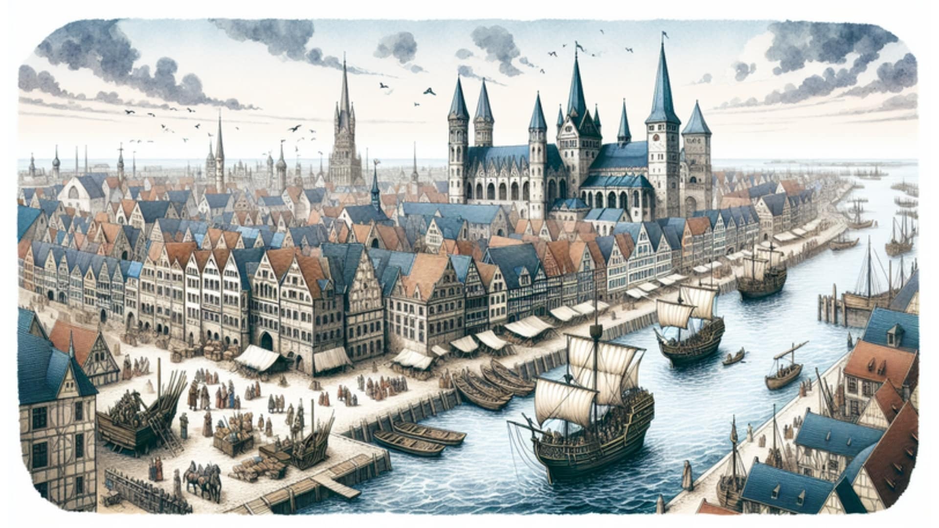Mittelalterlicher Hafen von Kiel im 13. Jahrhundert, mit Segelschiffen und Marktszenen, dargestellt in Aquarell.