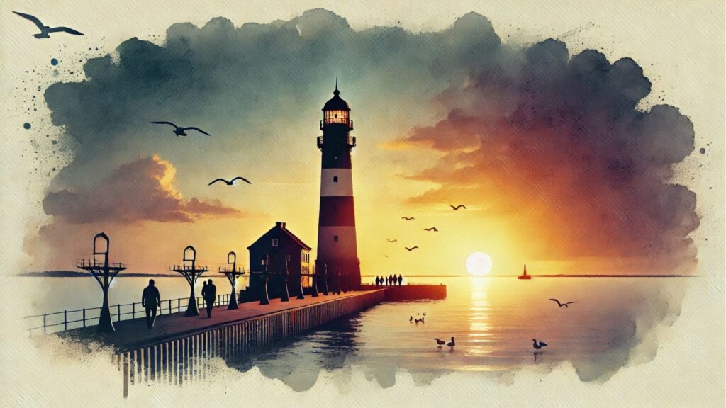 Sonnenuntergang hinter dem Leuchtturm Bülk, der die Ostsee in warmes Licht taucht, mit Möwen am Himmel und Spaziergängern an der Küste.