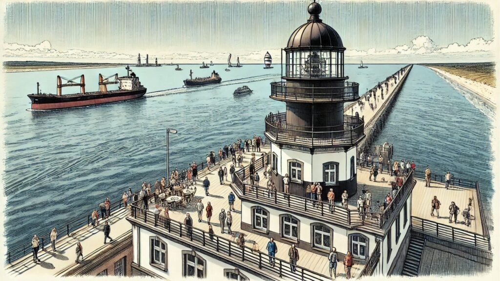 Besucher genießen den Panoramablick auf die Ostsee von der Plattform des Leuchtturms Bülk, mit vorbeiziehenden Schiffen und klarer Sicht auf das Meer.