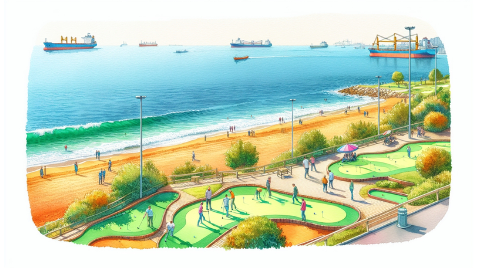 Minigolfplatz am Falckensteiner Strand an einem sonnigen Tag mit Meerblick und spielenden Menschen, in Wasserfarbenstil.