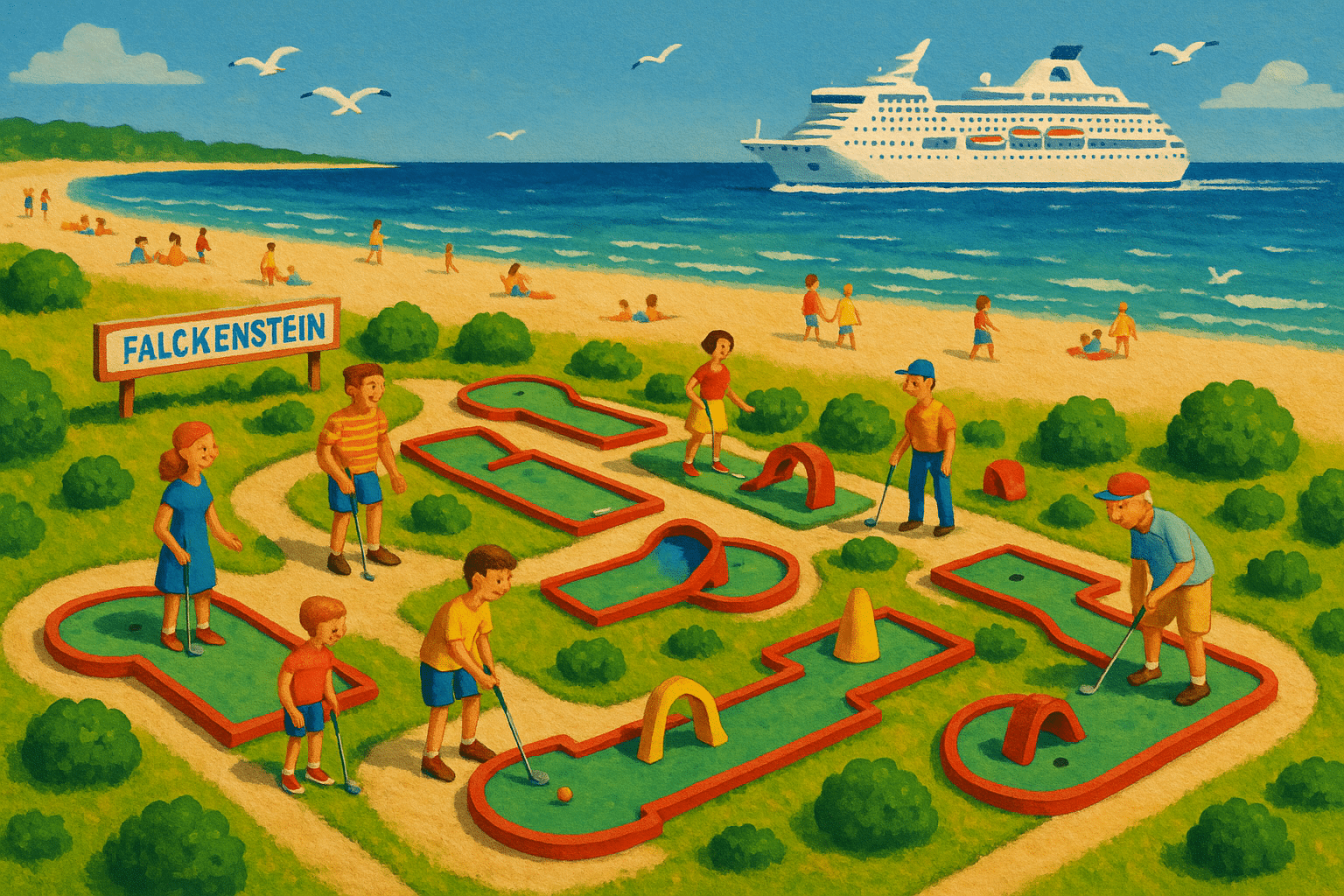 Luftaufnahme der Minigolfanlage am Falckensteiner Strand in Kiel mit Meerblick und Kreuzfahrtschiff im Hintergrund