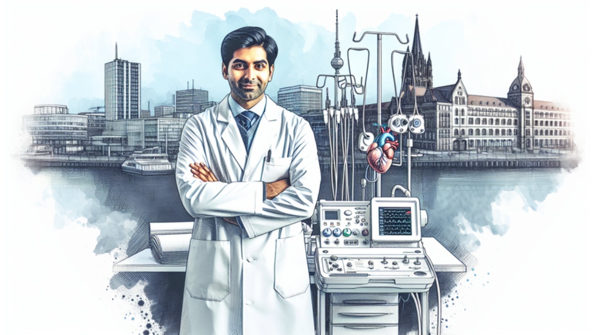 Abstrakter Wasserfarben-Skizze eines Neurochirurgen in einer modernen Klinik in Kiel mit der Skyline im Hintergrund, zeigt Professionalität und lokale Verbundenheit.