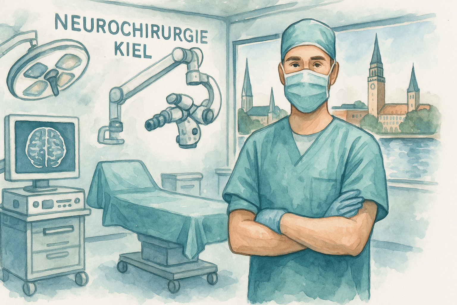 Moderne Neurochirurgie in Kiel mit Skyline – Aquarellbild eines Neurochirurgen in Klinikumgebung