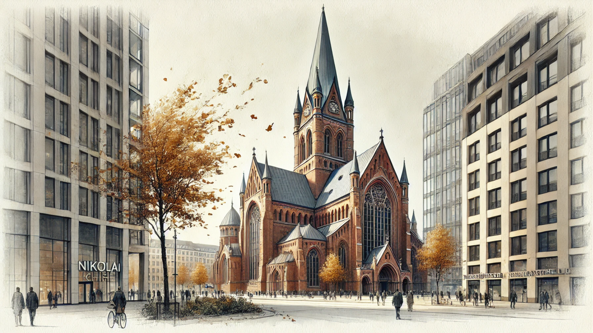 Die Nikolaikirche in Kiel, die mit ihrer gotischen Architektur und ihrem hohen Turm in einer städtischen Umgebung beeindruckt.