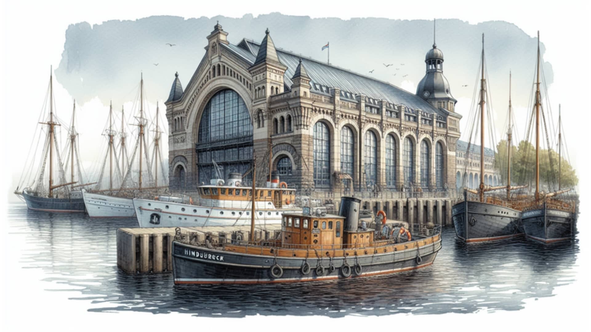 Das Schifffahrtsmuseum Kiel mit historischer Fischauktionshalle und Seenotrettungskreuzer 'Hindenburg', dargestellt in Aquarellstil.