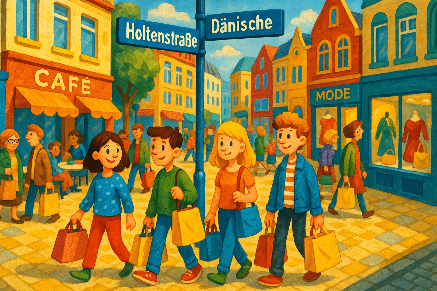 Fußgängerzone in der Holtenstraße und Dänischen Straße in Kiel mit Geschäften und entspanntem Stadtflair