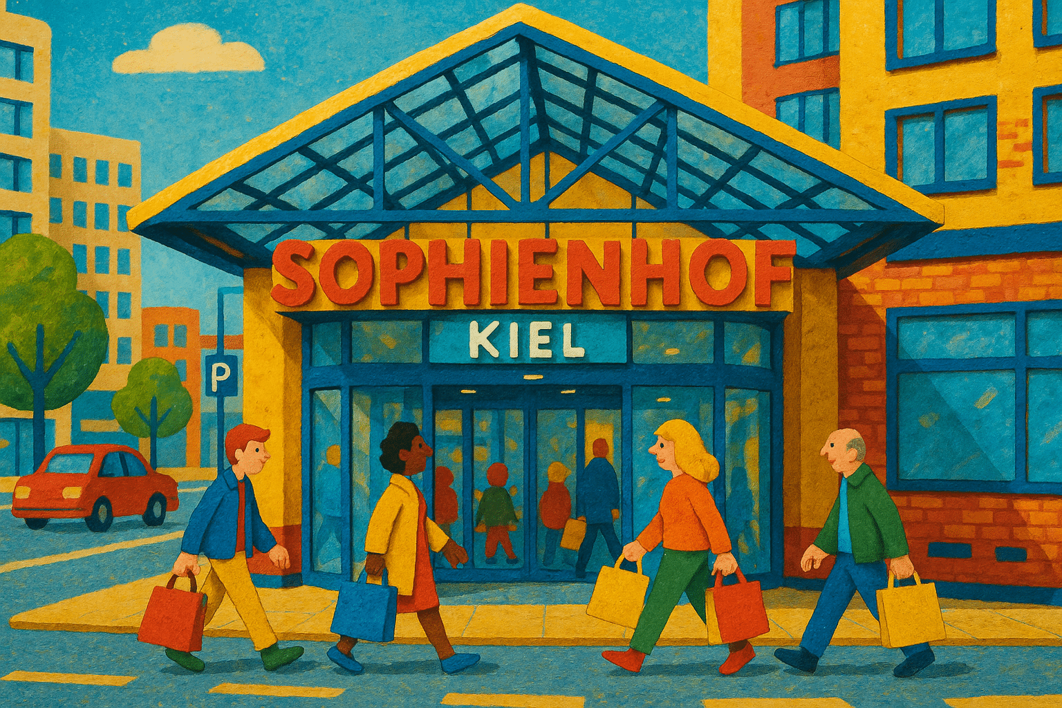 Eingang des Sophienhof Kiel Einkaufszentrums mit Besuchern in zentraler Innenstadtlage