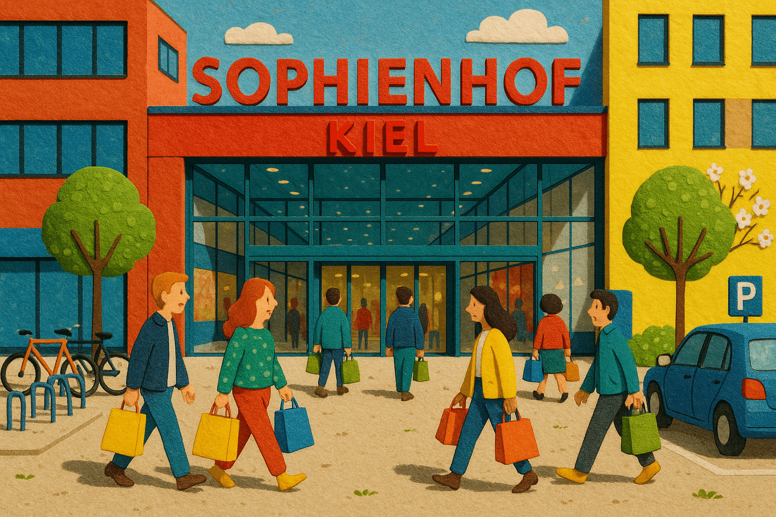 Außenansicht des Sophienhof Kiel mit Besuchern und modernen Shoppingmöglichkeiten