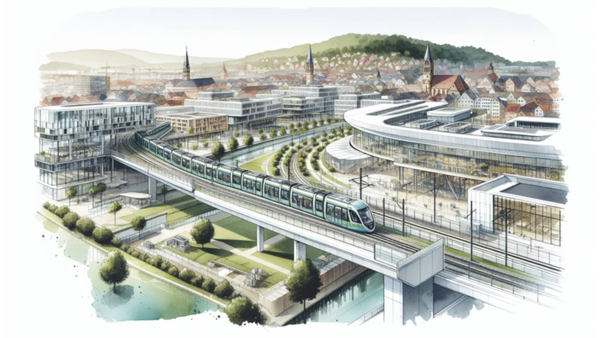 Illustration der Stadtbahn Kiel in einer modernen urbanen Umgebung, die wichtige Stadtteile und den Hauptbahnhof verbindet, in Wasserfarben-Stil.