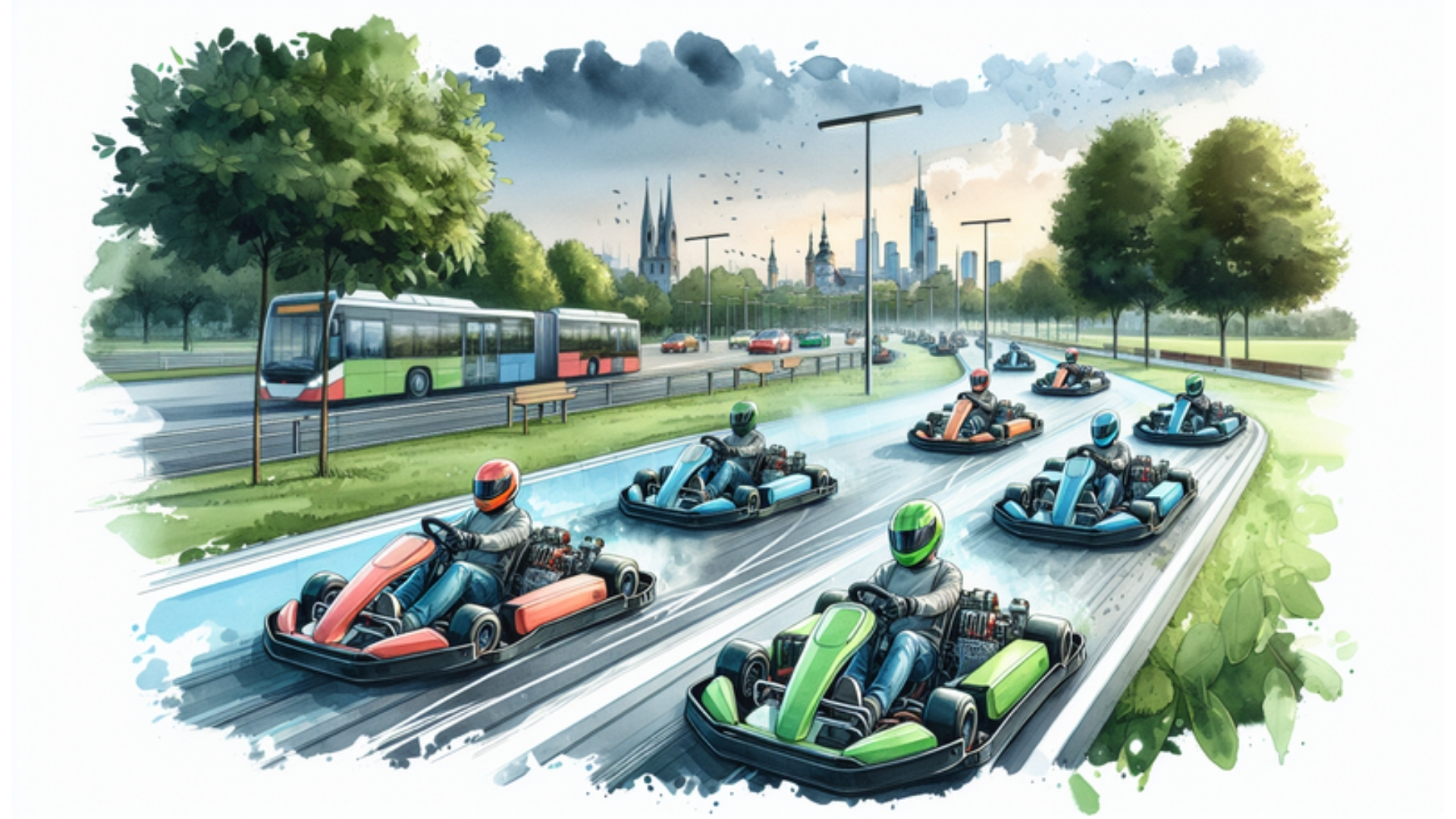 Umweltfreundliches Kartfahren mit Elektro-Karts bei ECO-KART Kiel, emissionsfreie Rennstrecke in grüner Umgebung.