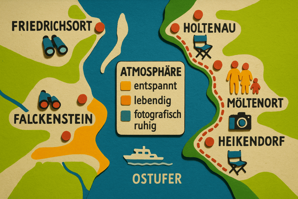 Infografik mit den besten Aussichtspunkten für die Windjammerparade 2025 in Kiel inklusive Insider-Tipps