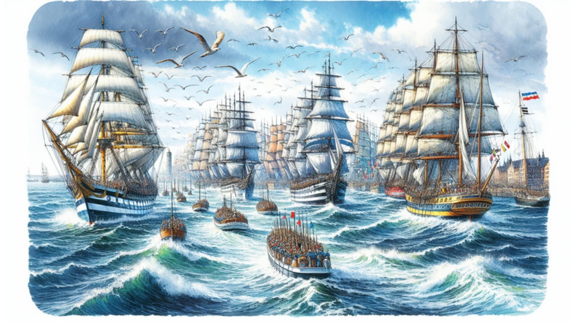 Aquarellillustration der Windjammerparade 2024 mit historischen Segelschiffen wie "Alexander von Humboldt II" und "Gorch Fock" vor der Küste der Kieler Förde, die die maritime Tradition und das Segelerlebnis feiern.